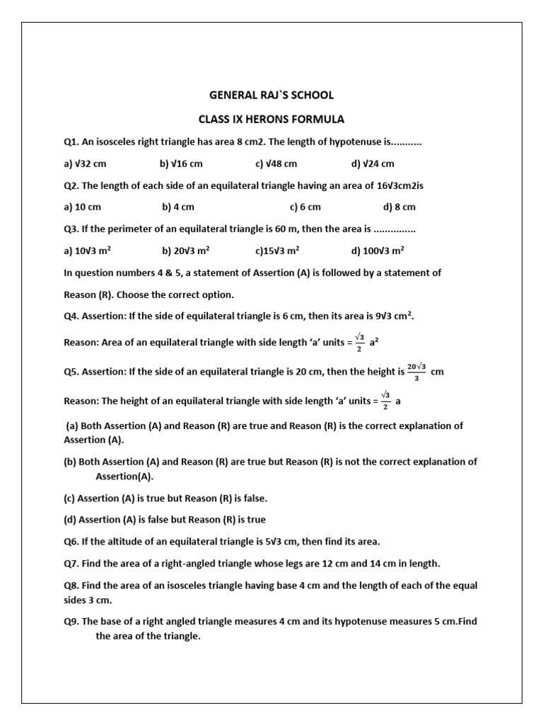 Class IX Heron's Formula Questions | PDF | Triangle | Elementary ...