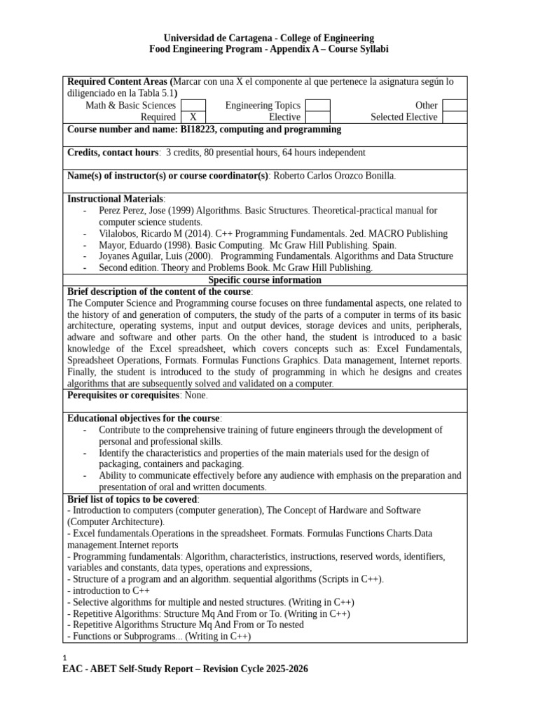 Food Engineering Computer Science Course Syllabus | PDF | C++ ...