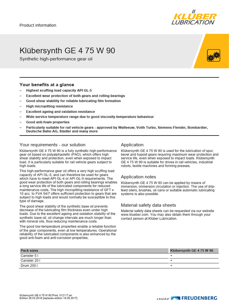 Klübersynth GE 4 75 W 90 EN en | PDF | Gear | Motor Oil