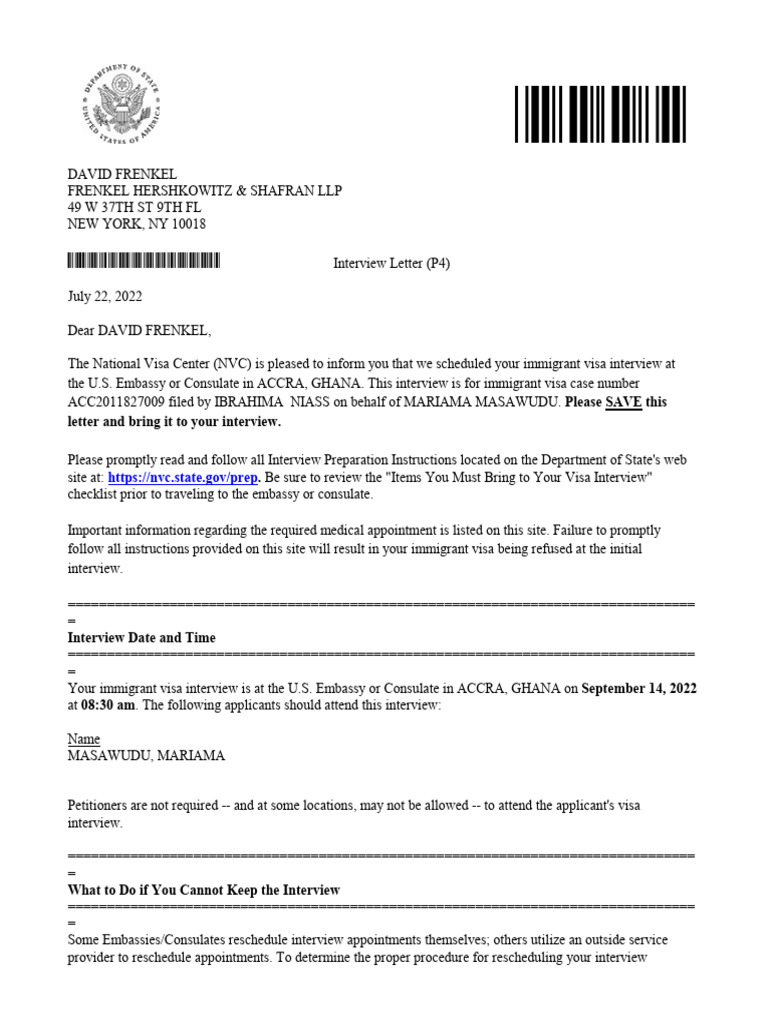 NVC Interview Letter for Visa Case ACC2011827009 | PDF | Travel Visa