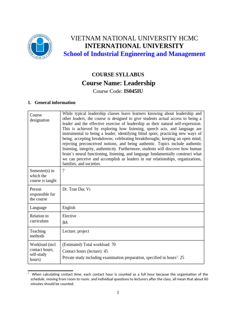 New Syllabus - IS045IU - Leadership | PDF | Leadership | Evaluation