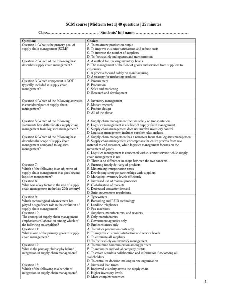SCM Midterm Test: 40 Questions | PDF | Supply Chain | Supply Chain ...