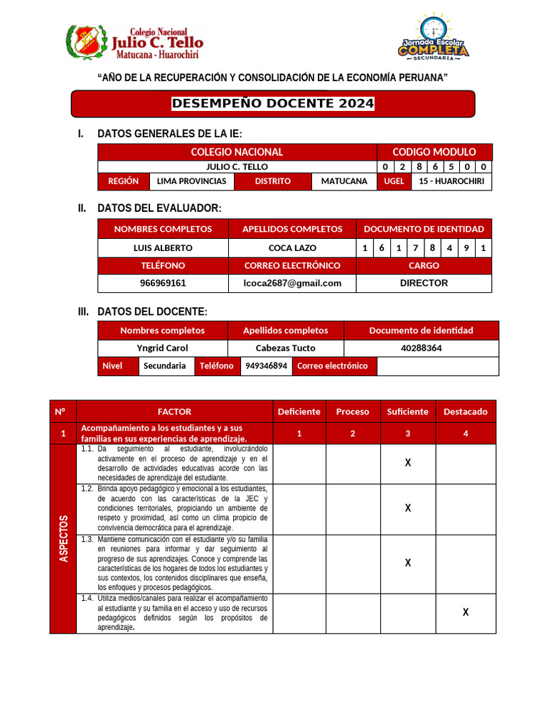 Ficha de Evaluación Docente 2025 | PDF | Aprendizaje | Maestros