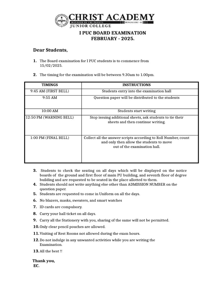 I PUC Exam Schedule and Instructions | PDF