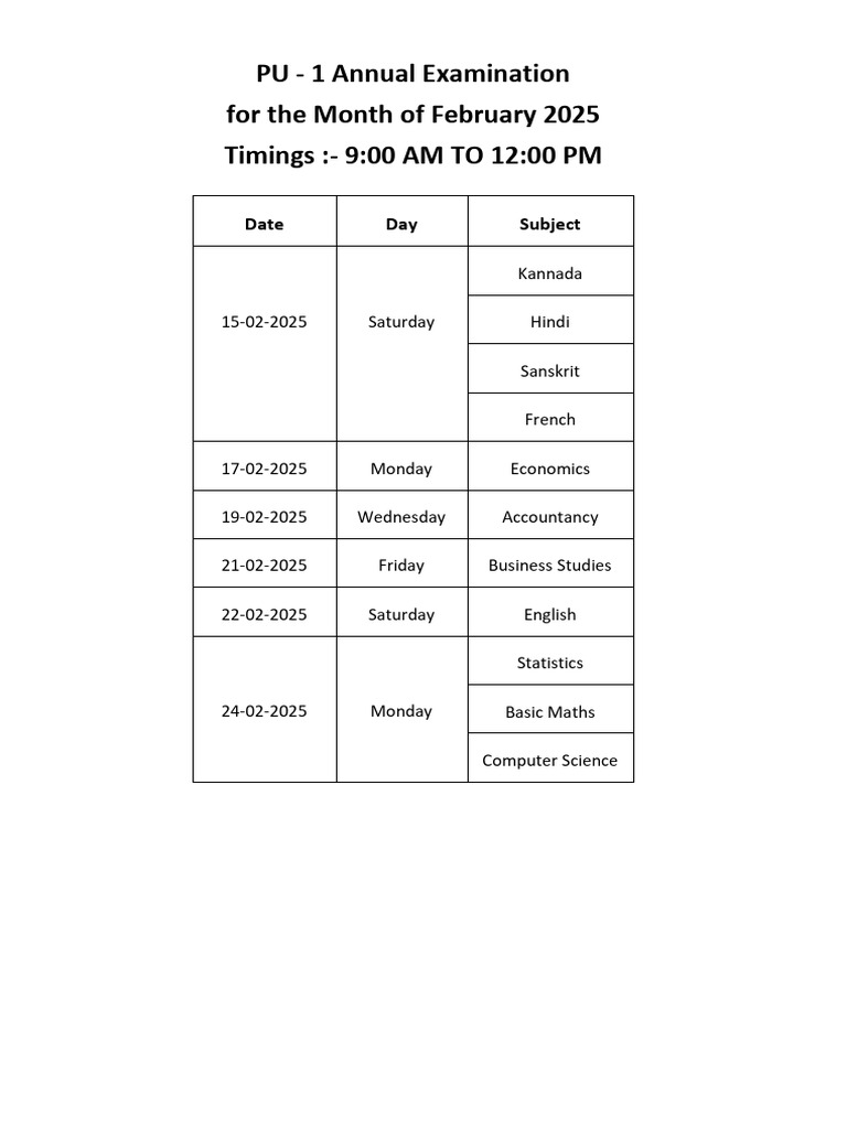 PU Exam Routine February 2025 | PDF
