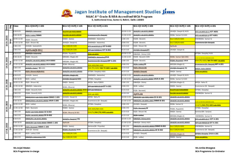 BCA Class Schedule: Jan 2025 | PDF