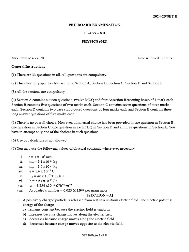 Class XII Physics Pre-Board Exam 2024-25 | PDF | Capacitor | P–N Junction