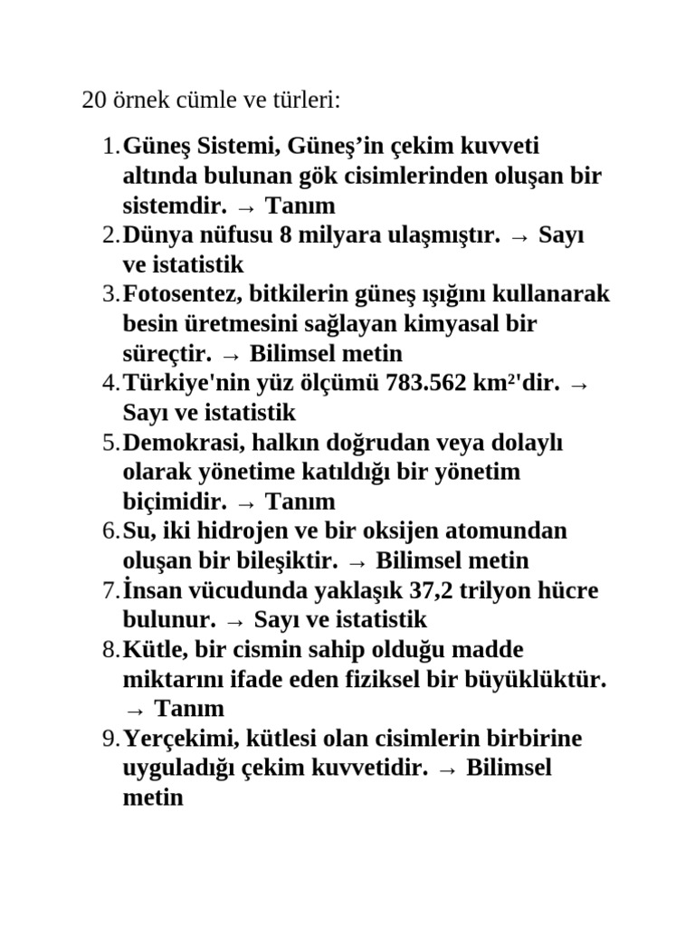 20 Örnek Cümle Ve Türleri | PDF