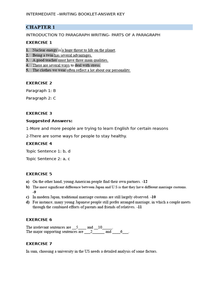 Intermediate Writing Booklet Answers | PDF | Adolescence | Marriage