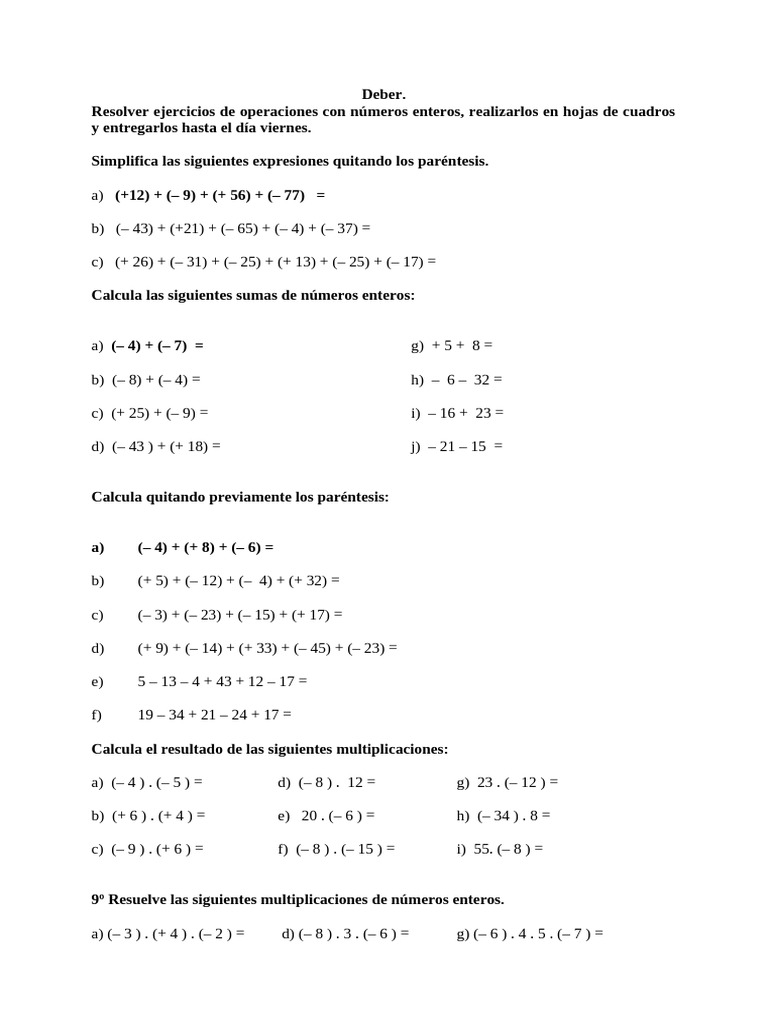 Ejercicios de operaciones con enteros | PDF