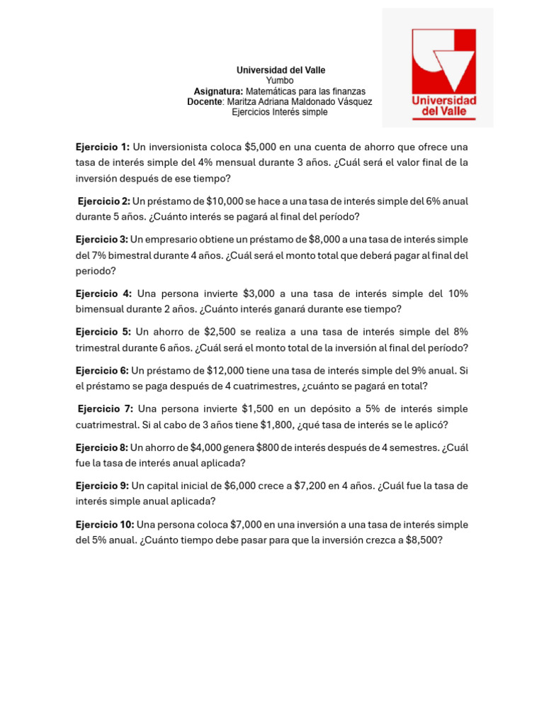 Ejercicios de Interés Simple en Finanzas | PDF