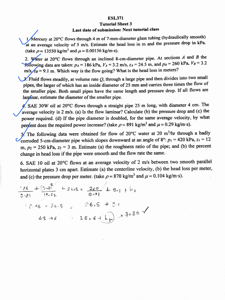 Fluid Mechanics Tutorial Problems | PDF | Pressure | Laminar Flow