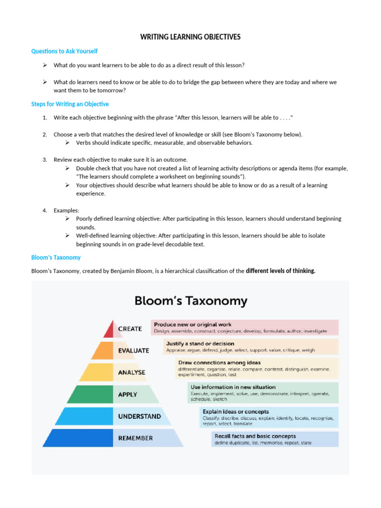 Lesson Planning - Writing Learning Objectives | PDF
