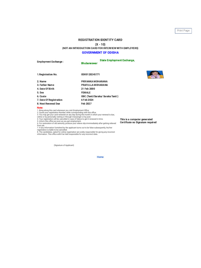 Odisha Employment Registration Card | PDF | Government And Personhood ...