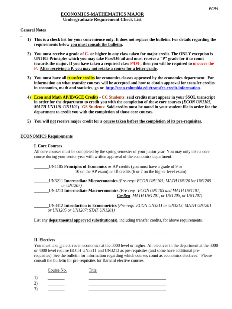 ECMA Economics-Mathematics Major Checklist | PDF | Mathematics | Calculus