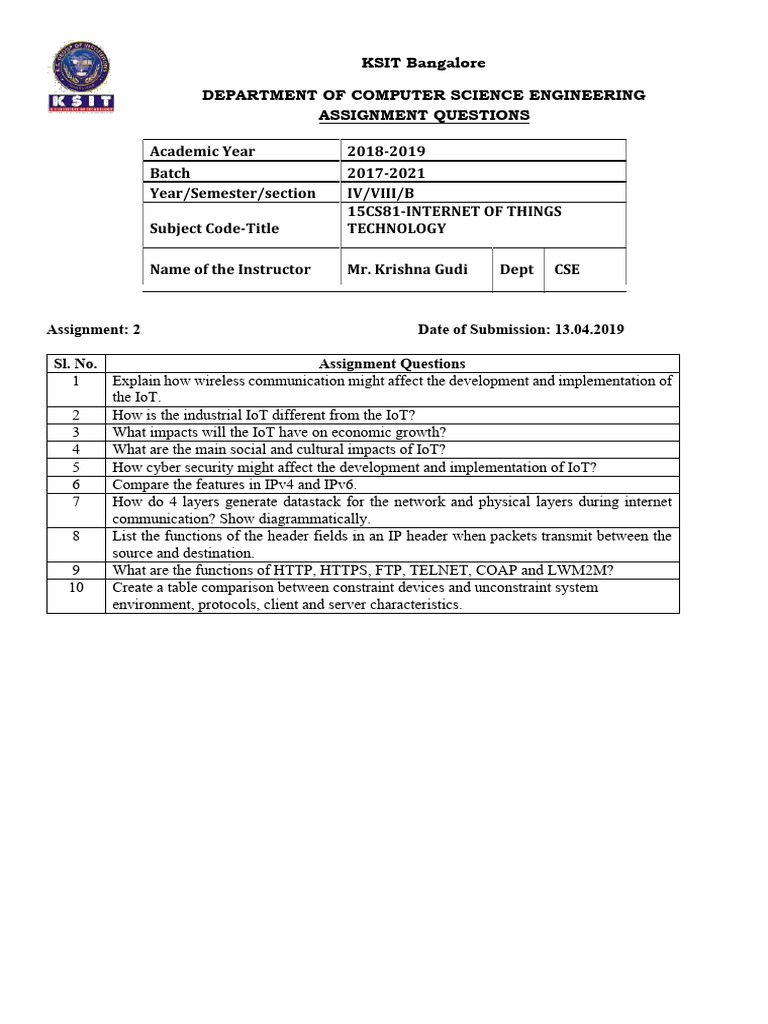 IoT 2nd ASSIGNMENT QUESTIONS 2019 | PDF