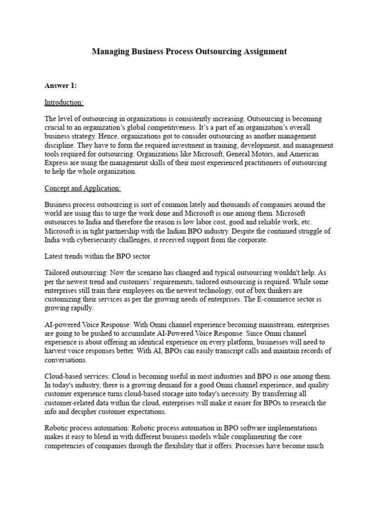 Managing Business Process Outsourcing Assignment | PDF | Outsourcing ...