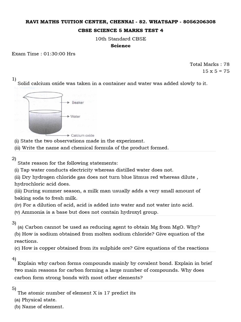 CBSE 10th Science 5 Marks Test Paper | PDF | Chemical Compounds | Acid