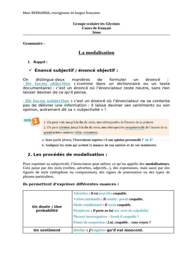 La modalisation en français : cours et exercices | PDF | Phrase | Verbe