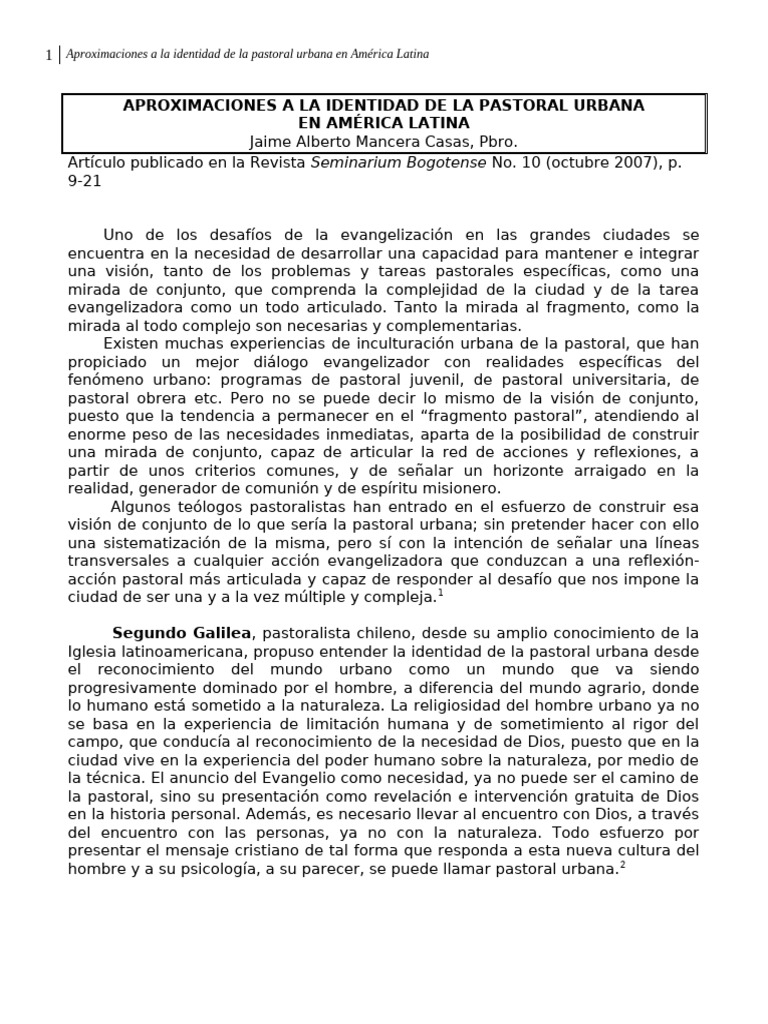 Identidad de la Pastoral Urbana en LATAM | PDF | Iglesia cristiana ...