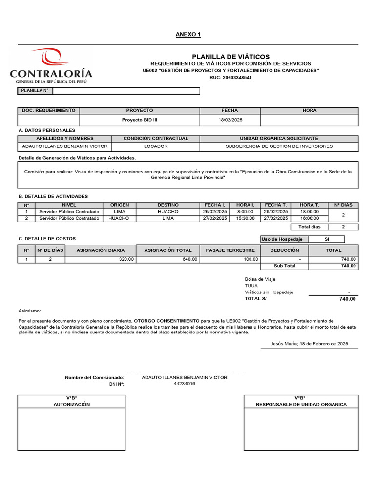 Planilla de Viáticos para Comisión de Servicios | PDF