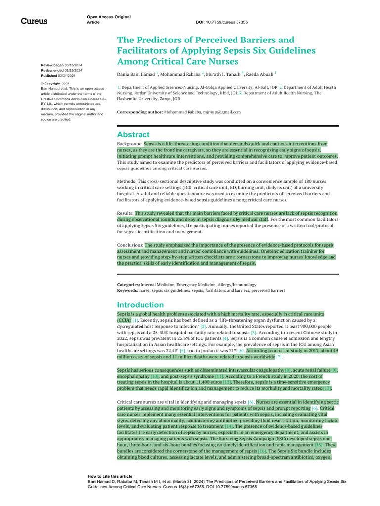 The Predictors of Perceived Barriers and Facilitators of Sepsis by ...