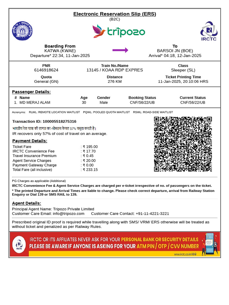TrainTicket TT1001373347 (PNR 6146918624) | PDF | Identity Document