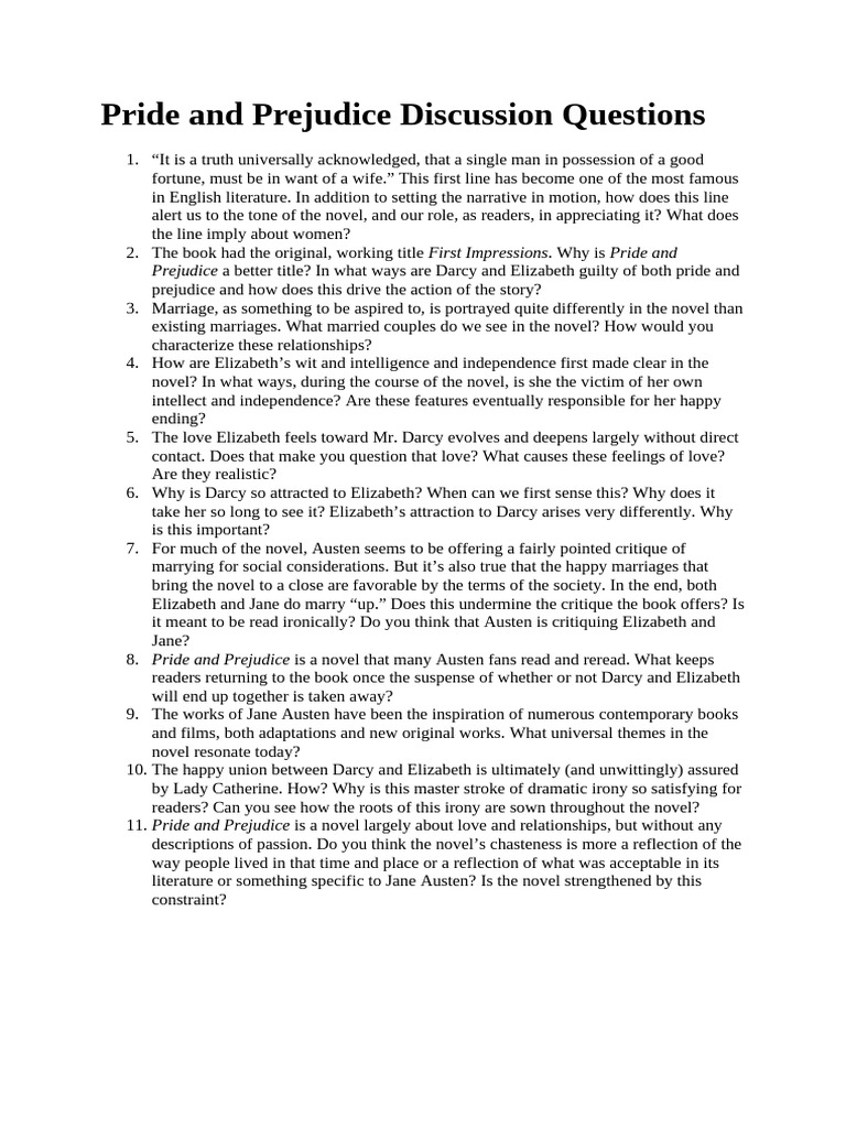 Pride and Prejudice Discussion Questions PDF Pride And Prejudice