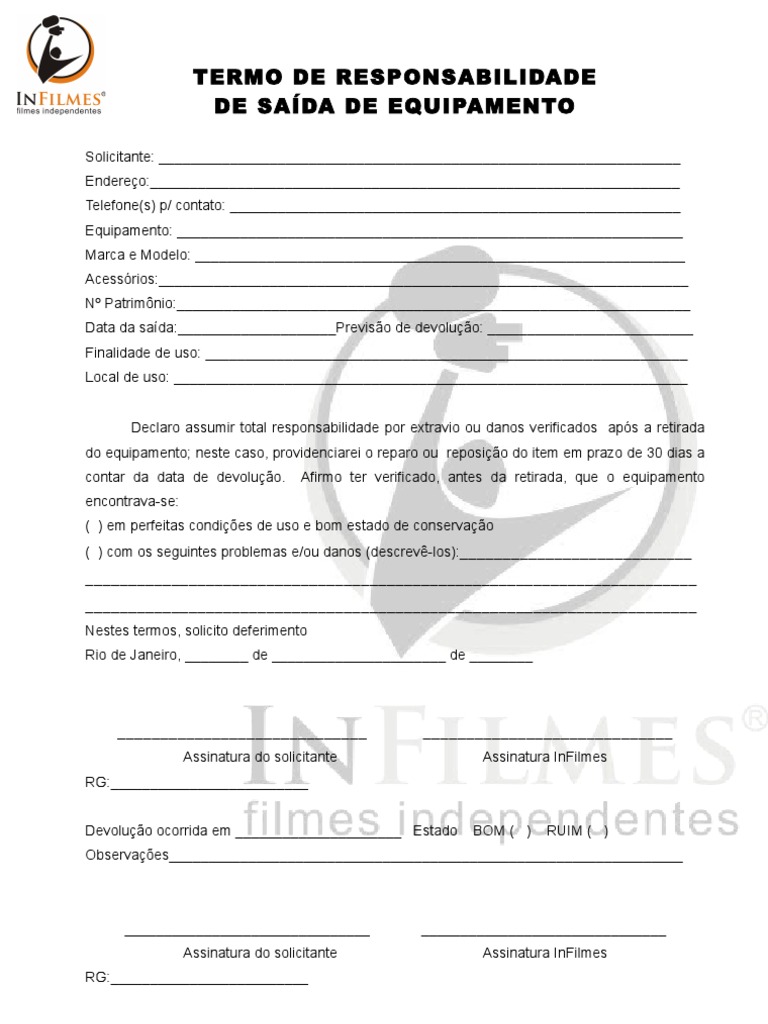 MODELO Termo Responsabilidade Retirada de Equipamentos