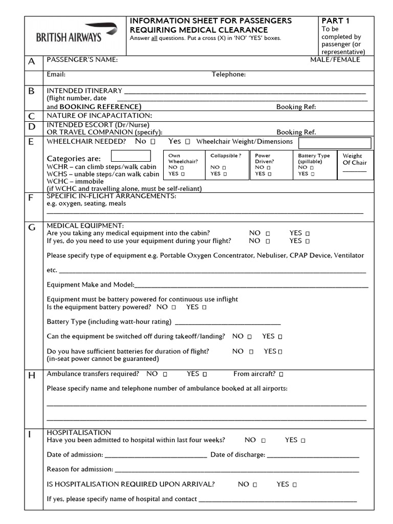 British Airways Medical Clearance Form | PDF | Wheelchair | Hospital