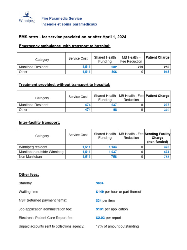 Manitoba Ambulance Fees 2024 Overview | PDF