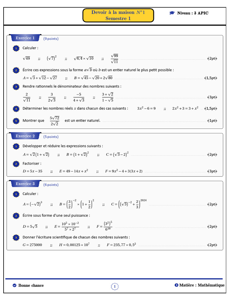 Correction DM Maths 3ème Semestre 1 | PDF | Mathématiques