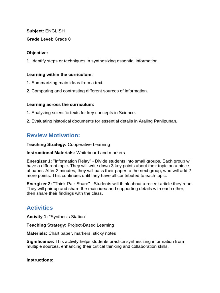 lesson_plan (3) | PDF | Critical Thinking | Information