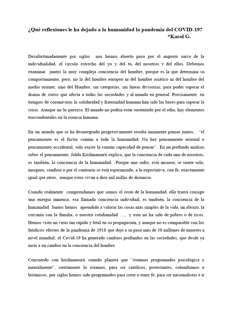 Reflexiones sobre la pandemia COVID-19 | PDF | Pensamiento | Sicología