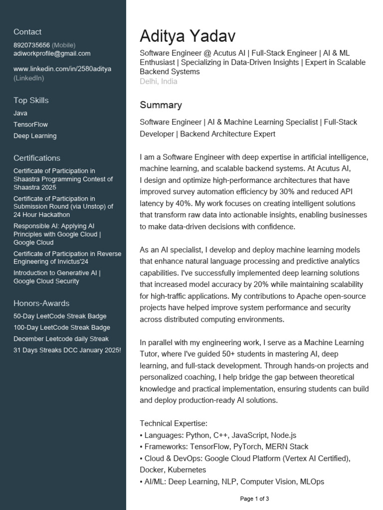 Software Engineer & AI Specialist Profile | PDF | Artificial ...
