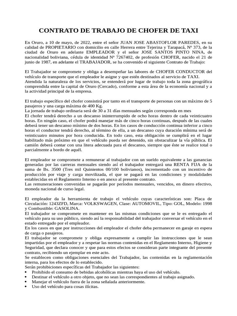 Contrato de Trabajo Chofer de Taxi | PDF