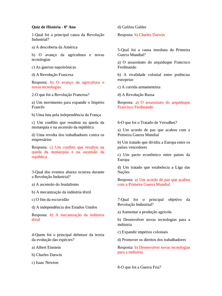 Quiz de História para 8º Ano | PDF | Europa | Comunismo
