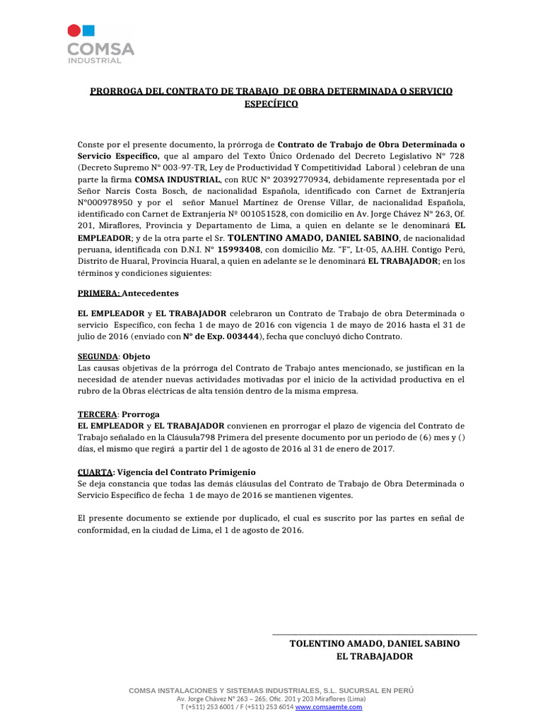 Prórroga de Contrato de Trabajo Específico | PDF