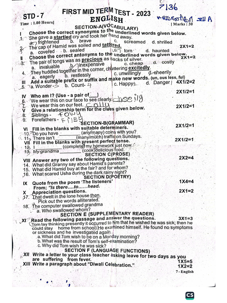 7th English EM 1st Mid Term Exam 2023 Original Question Paper ...