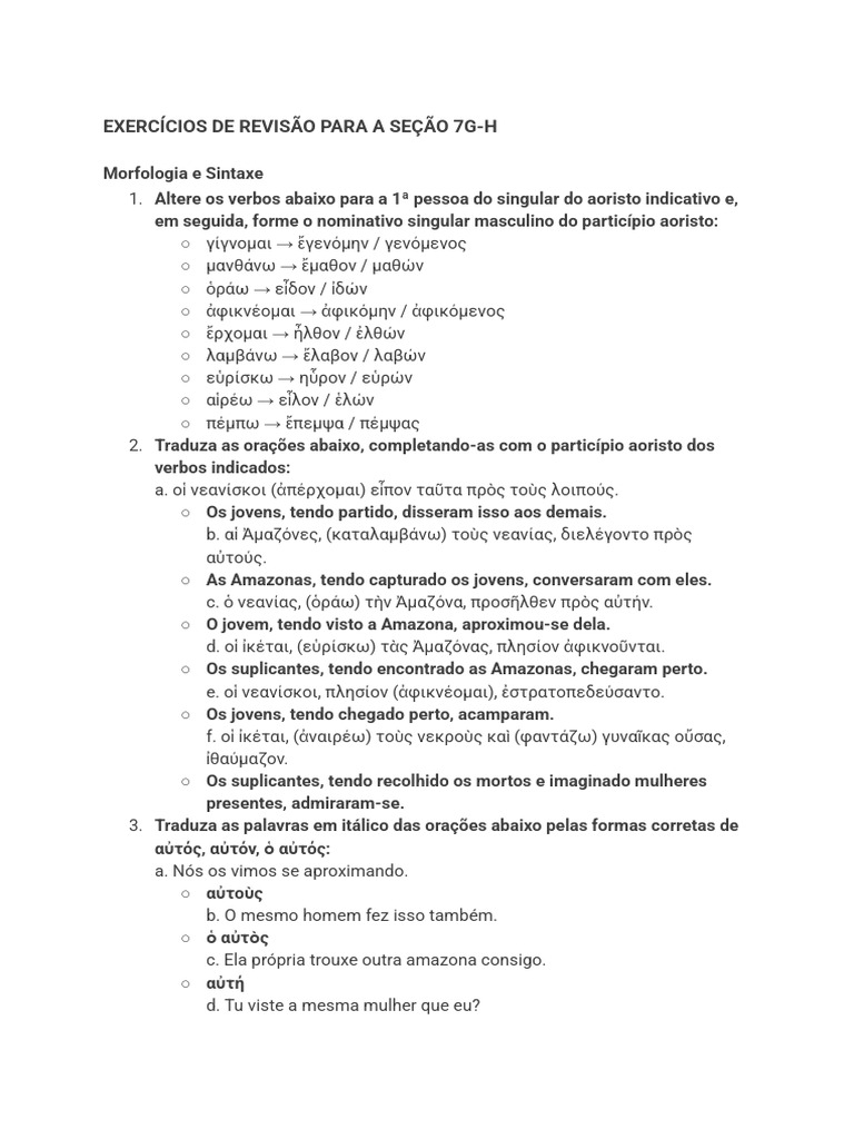 Exercícios de Revisão: Morfologia e Sintaxe | PDF | Famílias linguísticas