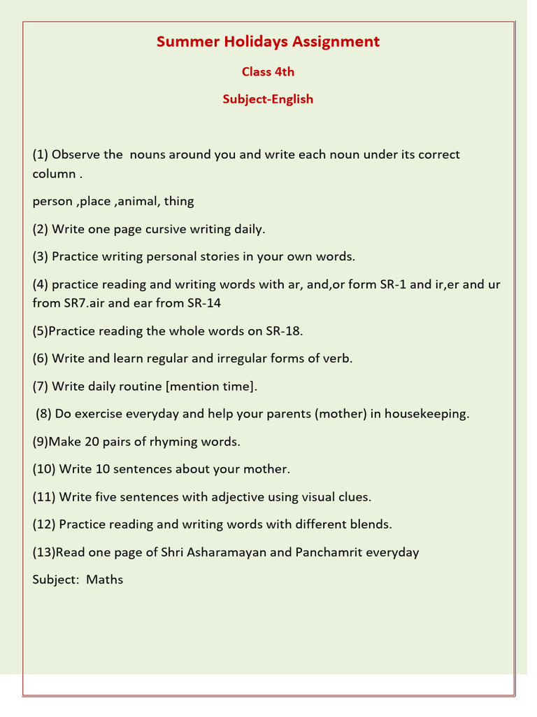 Class 4 Summer Holiday Homework | PDF