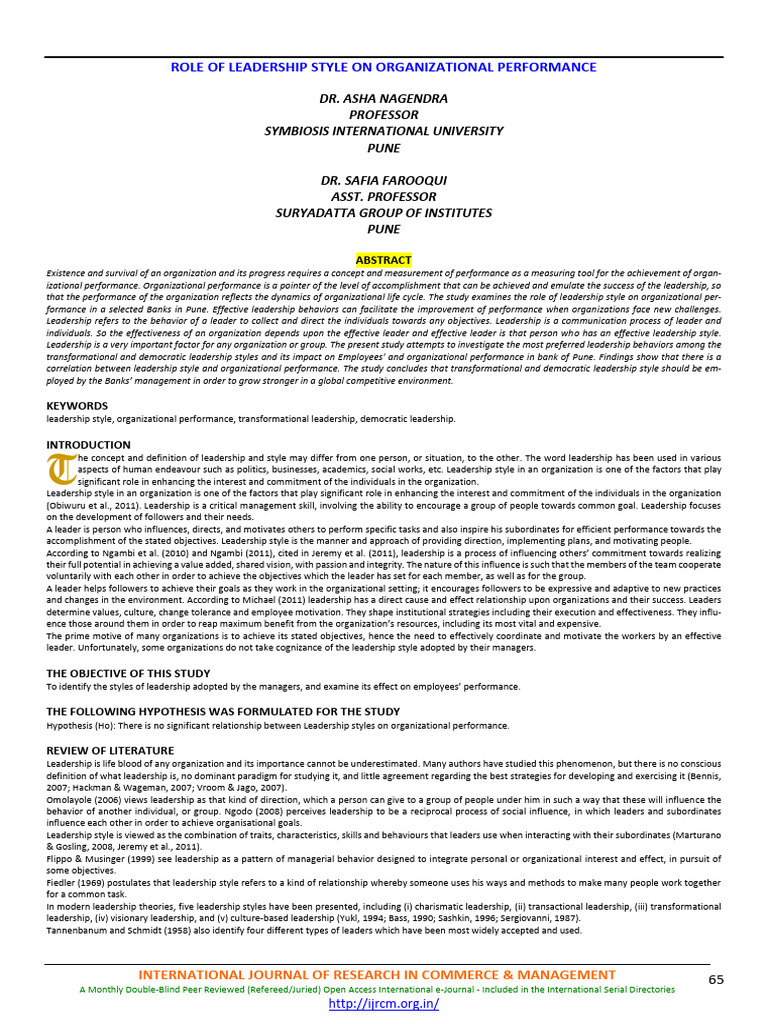 Role of Leadership Styles On Organizational Performance | PDF ...