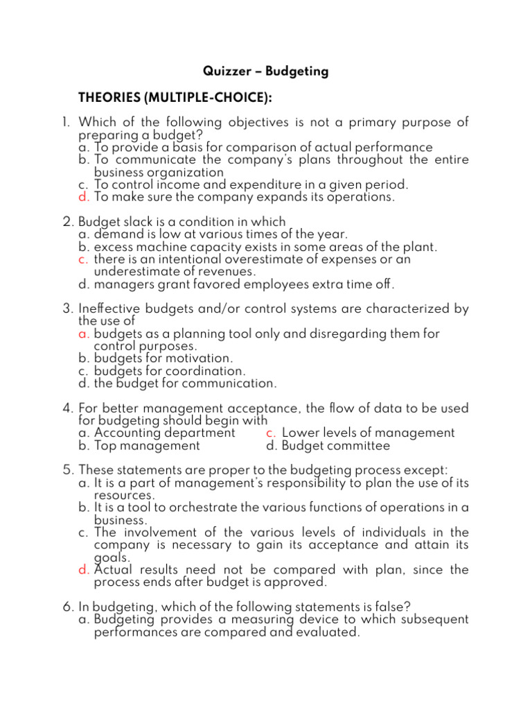 Budgeting Quiz: Key Concepts and Terms | PDF | Budget | Expense