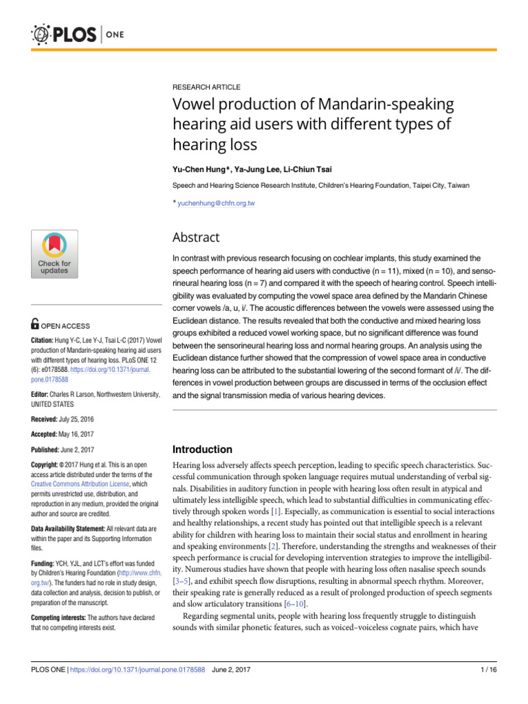 Vowel Production in Mandarin Hearing Aid Users | PDF | Speech | Consonant