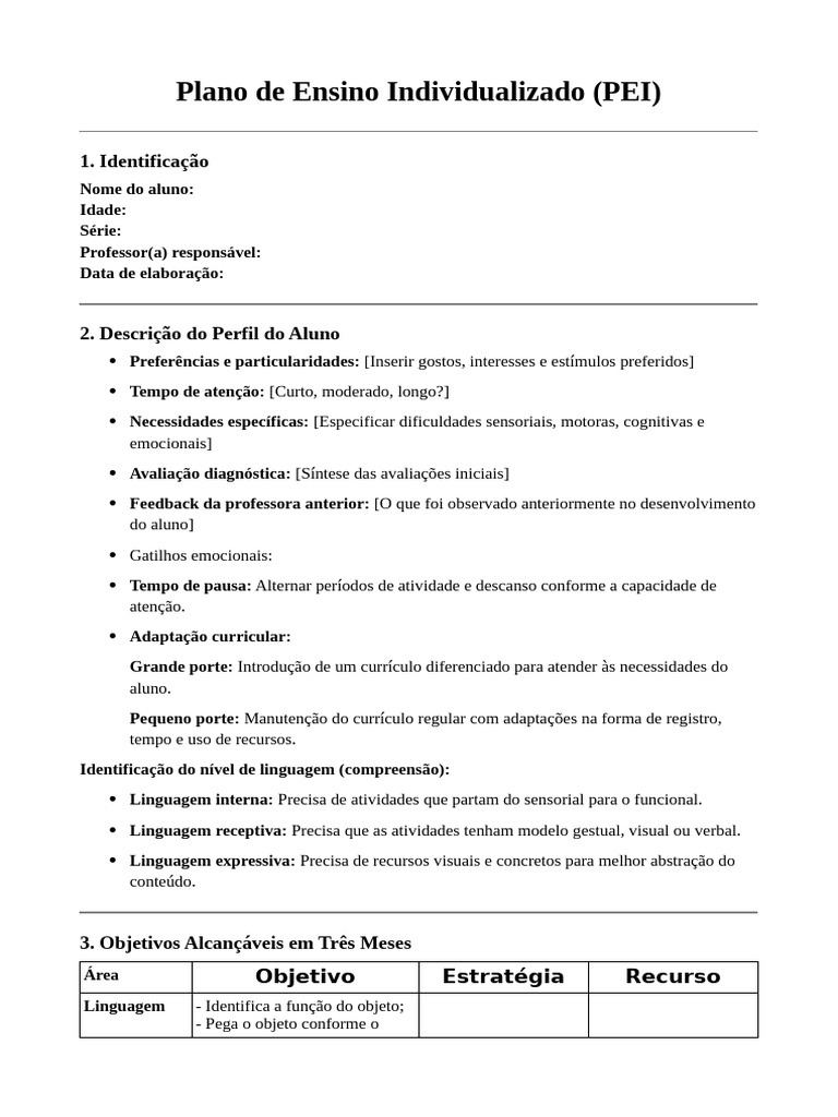 Plano de Ensino Individualizado PEI | PDF | Pedagogia | Família