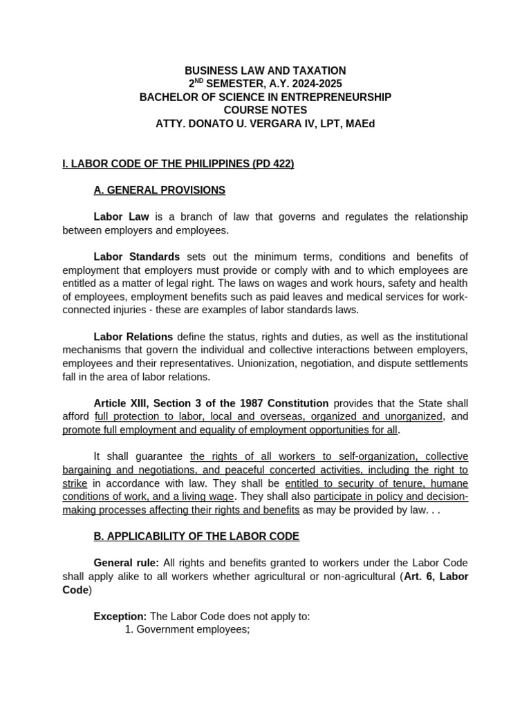 Business Law: Labor Code Overview | PDF | Employment | Labour Law