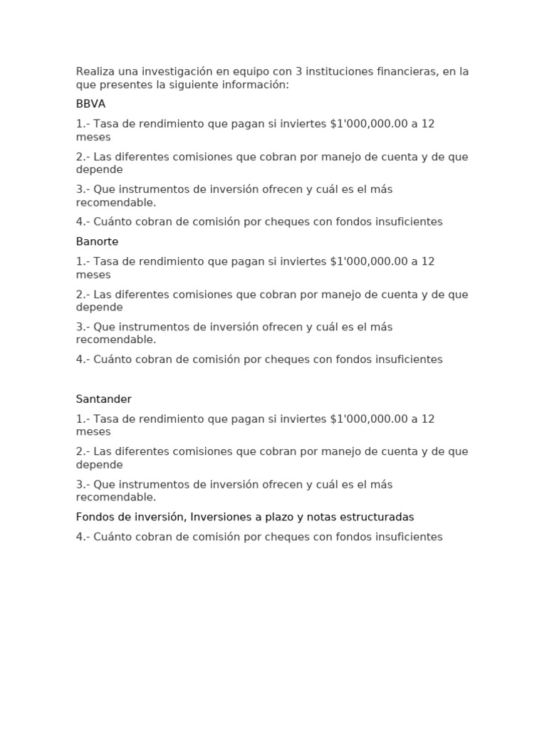 Comparativa de Inversiones en BBVA, Banorte y Santander | PDF