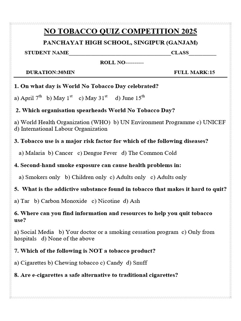 saying no to tobacco quiz World No Tobacco Day Quiz 2025