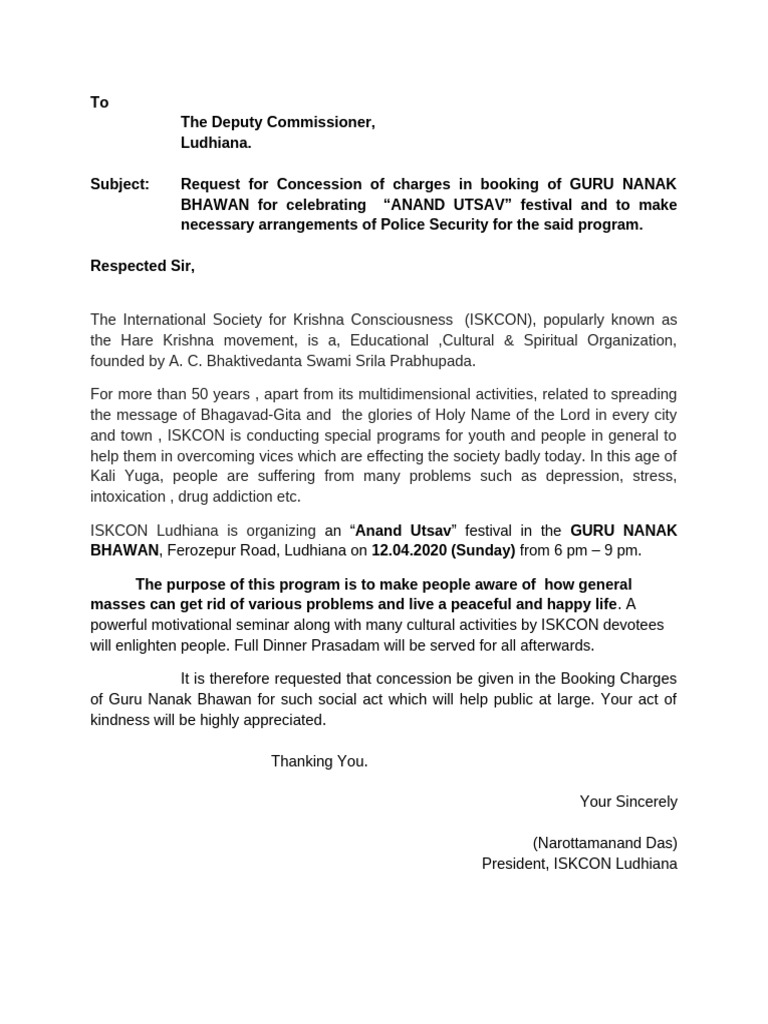 Request For Venue Fee Concession For Anand Utsav Pdf
