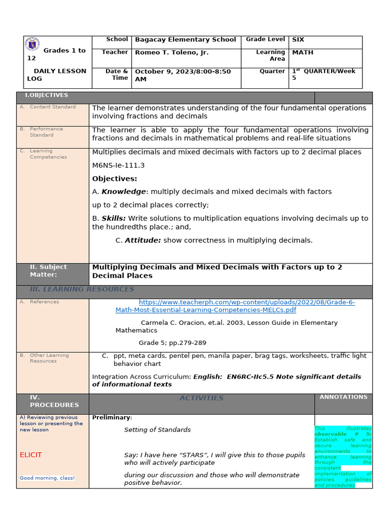 Cot Math 6 1st QTR Week 5 Multiplies Decimals and Mixed Decimals | PDF ...